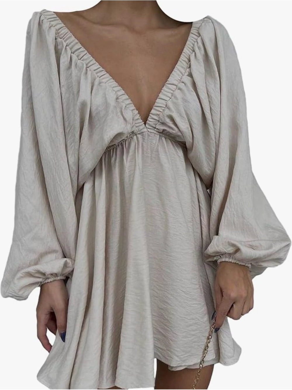 Commense Plunging V-Neck Babydoll Mini Dress in Apricot